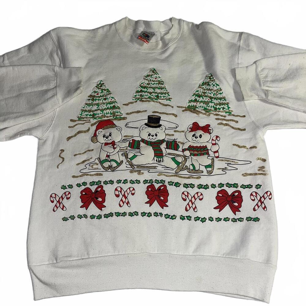 Vintage 90 Teddy Bear Christmas Woman’s large Sweater Fruit of the Loom Holiday - Picture 2 of 7